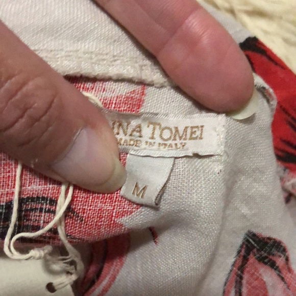 NWT Lina Tomei Linen Dress-Sz M-Beige and Red Floral Print-Wider Folded Collar - Picture 15 of 16